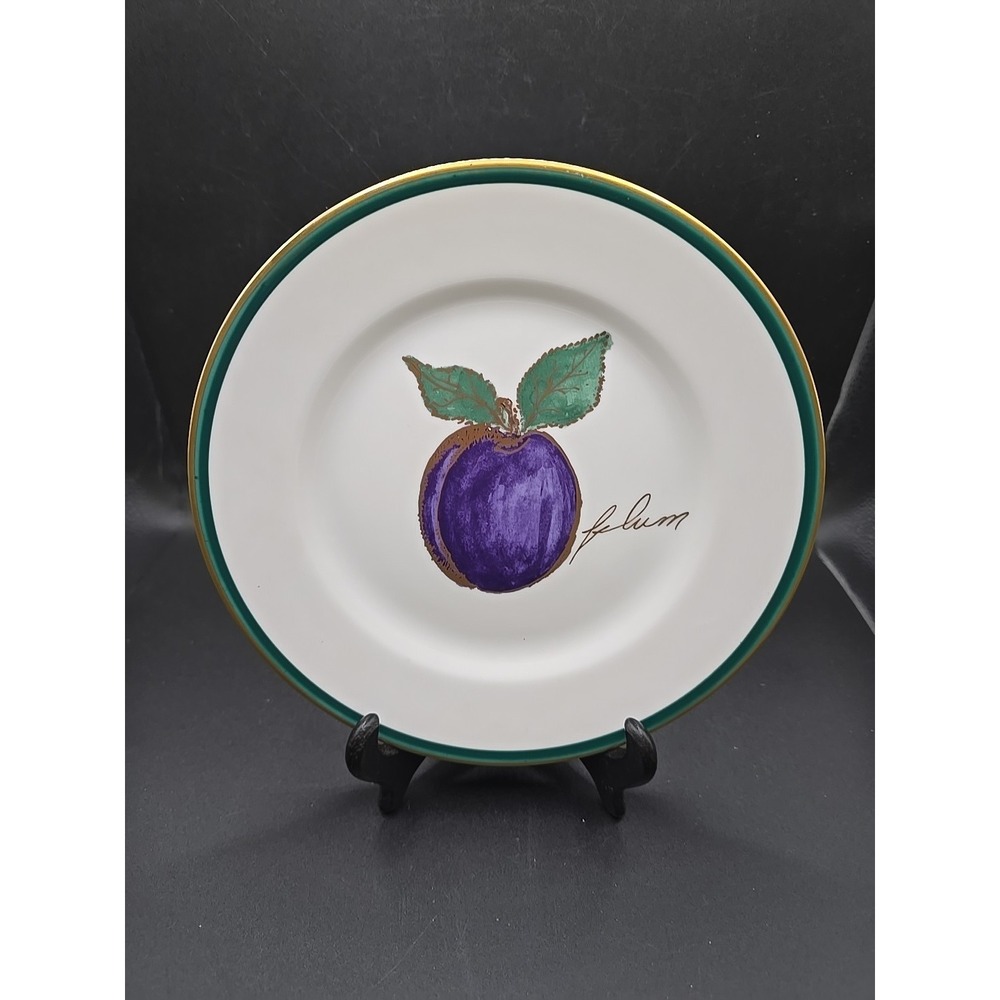 Crate & Barrel Fruit Plum Dessert Appetizer Plate Gold Green Trim 8.25"